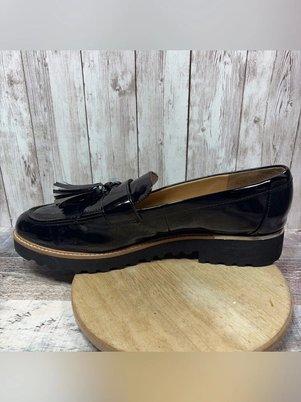 Franco Sarto Carolyn Women’s Black Man Made Loafers Tassel Glossy 9.5 M